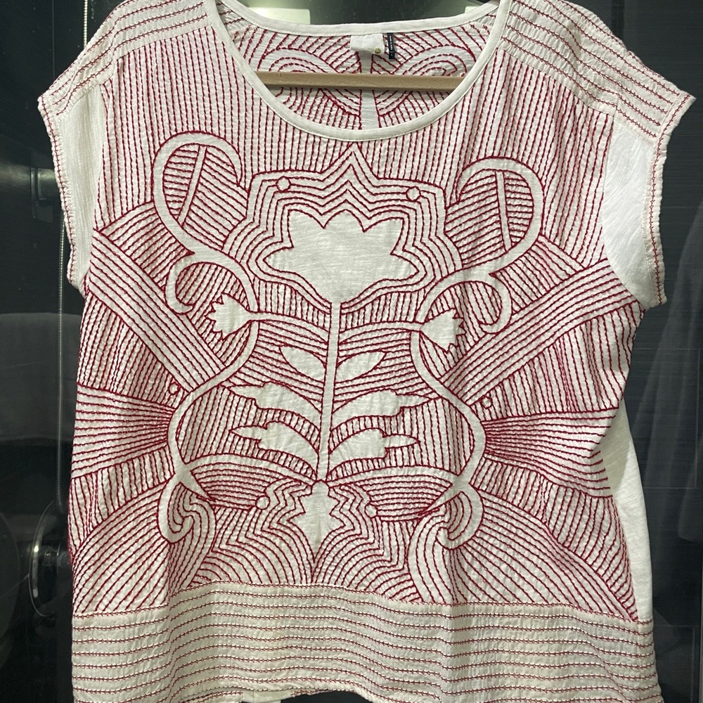 Red and white embroidered top